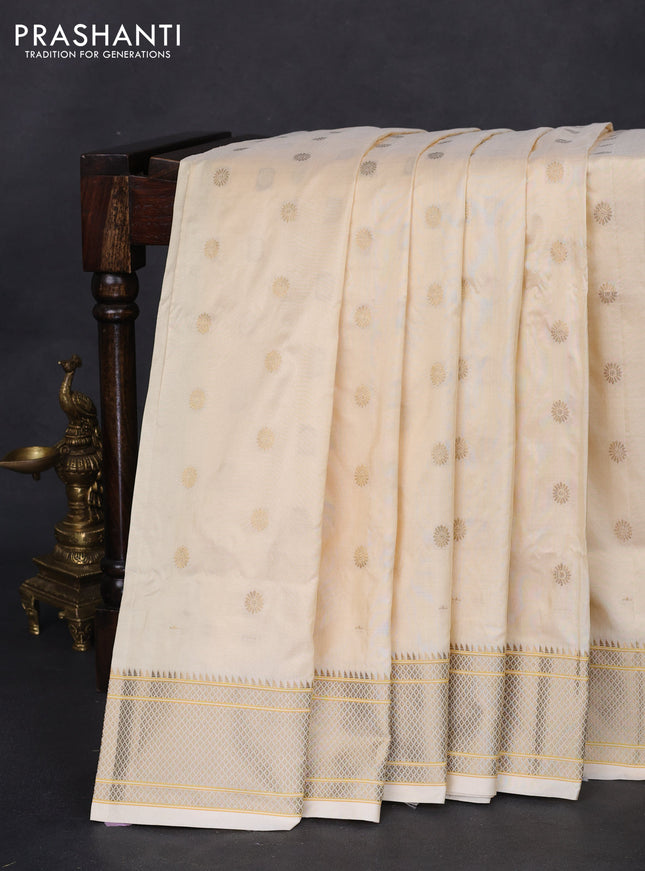 Pure paithani silk saree cream with allover zari woven floral buttas and paithani weaving pallu