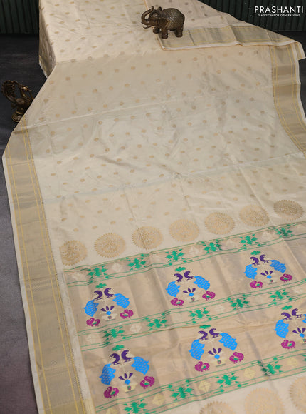 Pure paithani silk saree cream with allover zari woven floral buttas and paithani weaving pallu