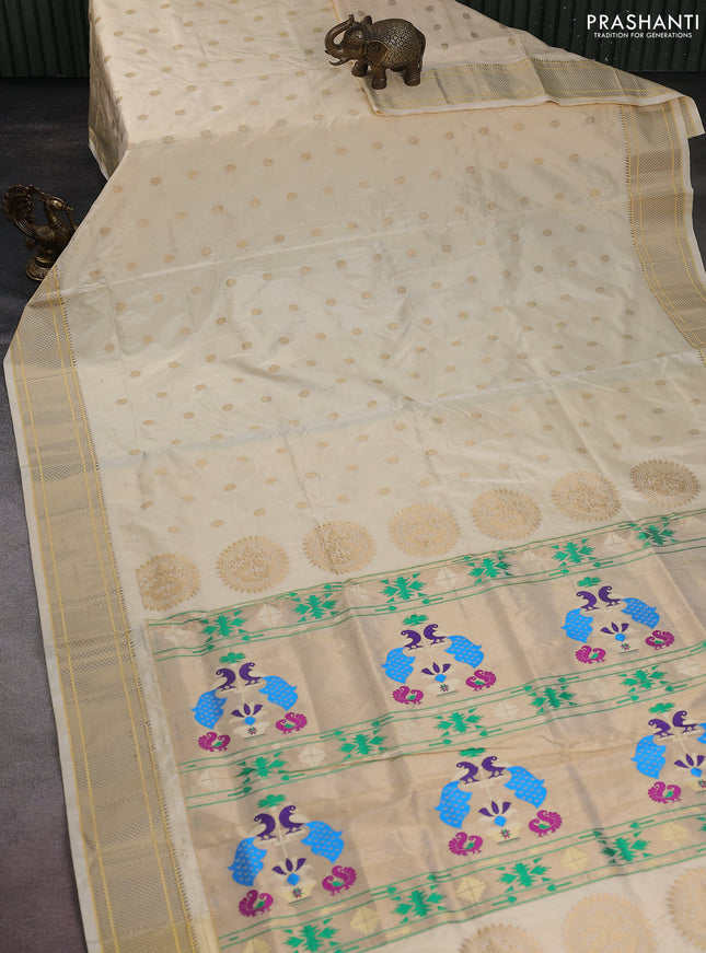Pure paithani silk saree cream with allover zari woven floral buttas and paithani weaving pallu