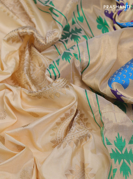 Pure paithani silk saree cream with allover zari woven floral buttas and paithani weaving pallu