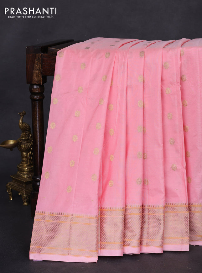 Pure paithani silk saree peach pink shade with allover zari woven buttas and paithani weaving pallu