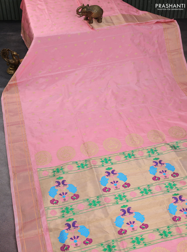 Pure paithani silk saree peach pink shade with allover zari woven buttas and paithani weaving pallu