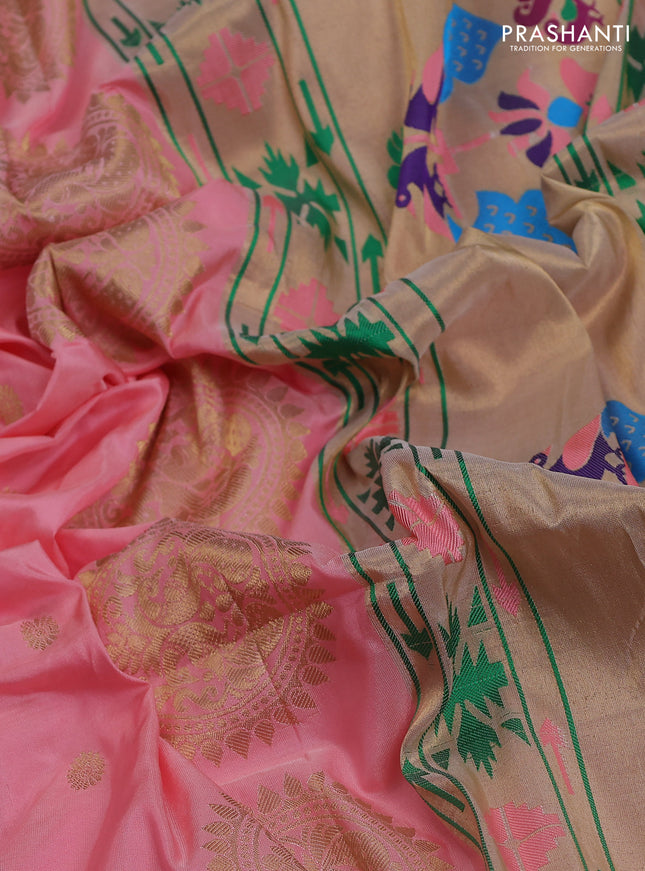 Pure paithani silk saree peach pink shade with allover zari woven buttas and paithani weaving pallu