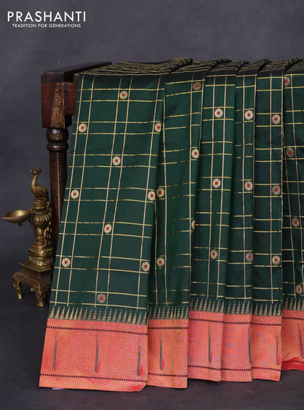 Pure paithani silk saree dark green and red with allover zari checks & buttas and paithani weaving pallu