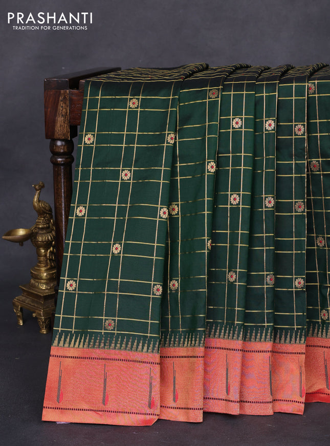Pure paithani silk saree dark green and red with allover zari checks & buttas and paithani weaving pallu