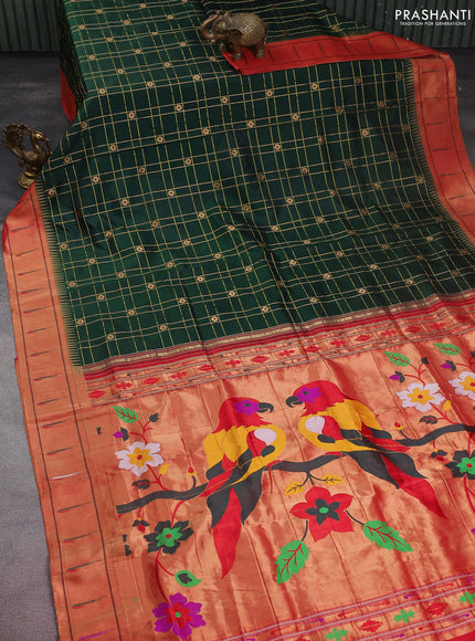 Pure paithani silk saree dark green and red with allover zari checks & buttas and paithani weaving pallu