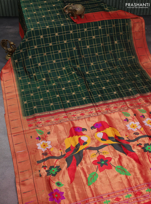 Pure paithani silk saree dark green and red with allover zari checks & buttas and paithani weaving pallu