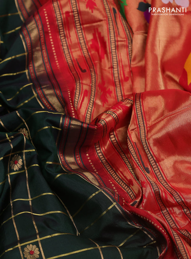 Pure paithani silk saree dark green and red with allover zari checks & buttas and paithani weaving pallu