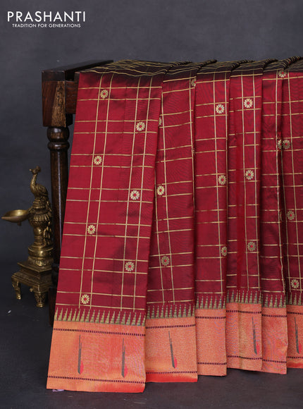 Pure paithani silk saree maroon and red with allover zari checks & buttas and paithani weaving pallu