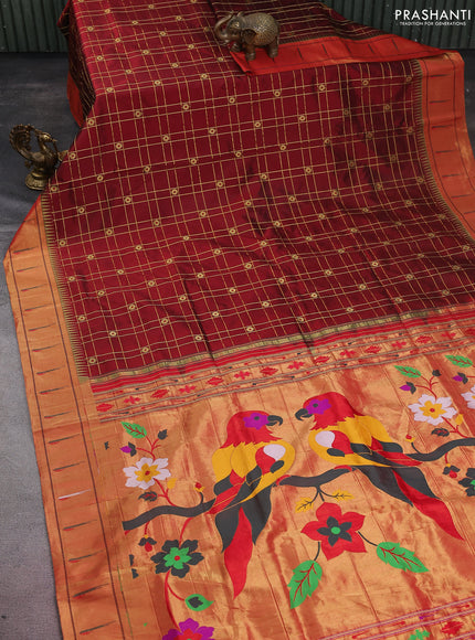 Pure paithani silk saree maroon and red with allover zari checks & buttas and paithani weaving pallu