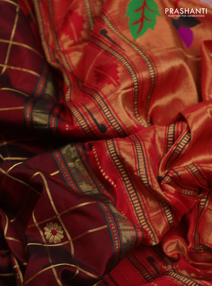 Pure paithani silk saree maroon and red with allover zari checks & buttas and paithani weaving pallu