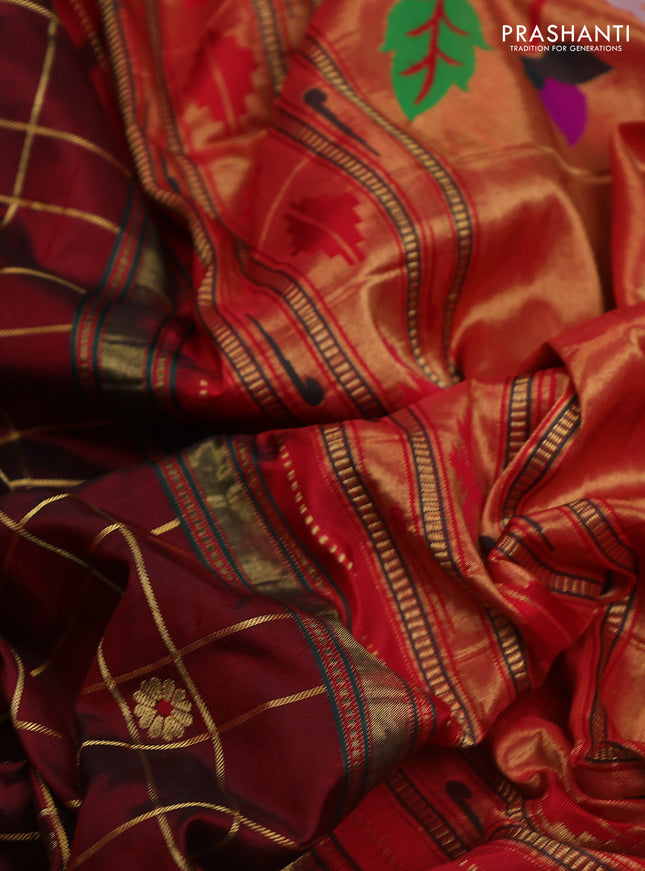 Pure paithani silk saree maroon and red with allover zari checks & buttas and paithani weaving pallu