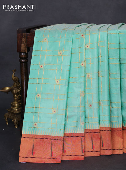 Pure paithani silk saree teal blue shade and red with allover zari checks & buttas and paithani weaving pallu