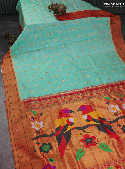 Pure paithani silk saree teal blue shade and red with allover zari checks & buttas and paithani weaving pallu
