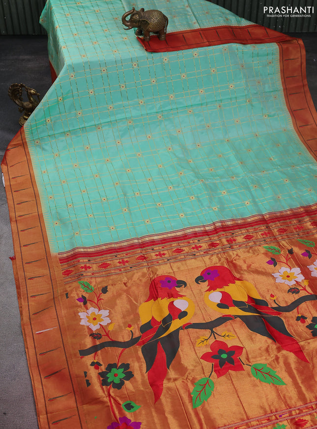 Pure paithani silk saree teal blue shade and red with allover zari checks & buttas and paithani weaving pallu
