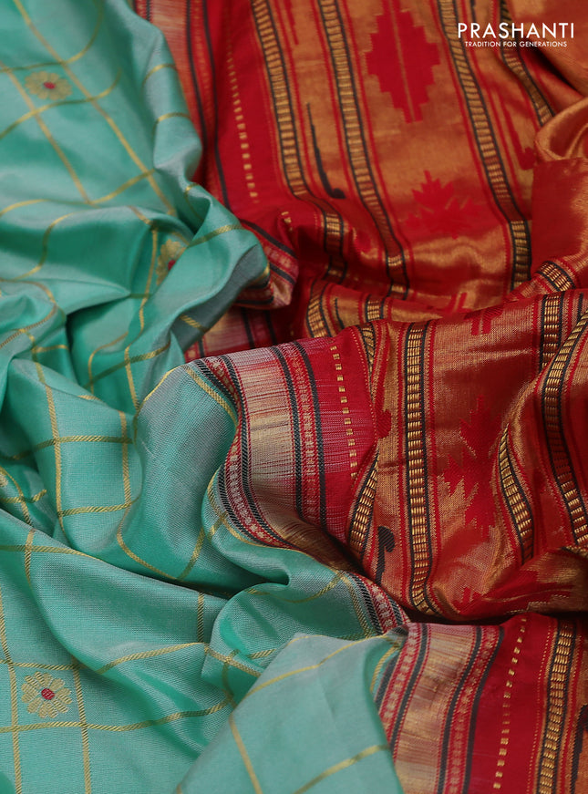 Pure paithani silk saree teal blue shade and red with allover zari checks & buttas and paithani weaving pallu