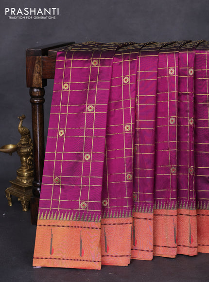 Pure paithani silk saree purple and red with allover zari checks & buttas and paithani weaving pallu