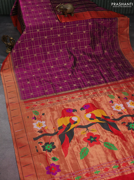 Pure paithani silk saree purple and red with allover zari checks & buttas and paithani weaving pallu