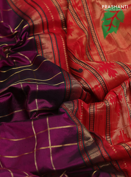 Pure paithani silk saree purple and red with allover zari checks & buttas and paithani weaving pallu