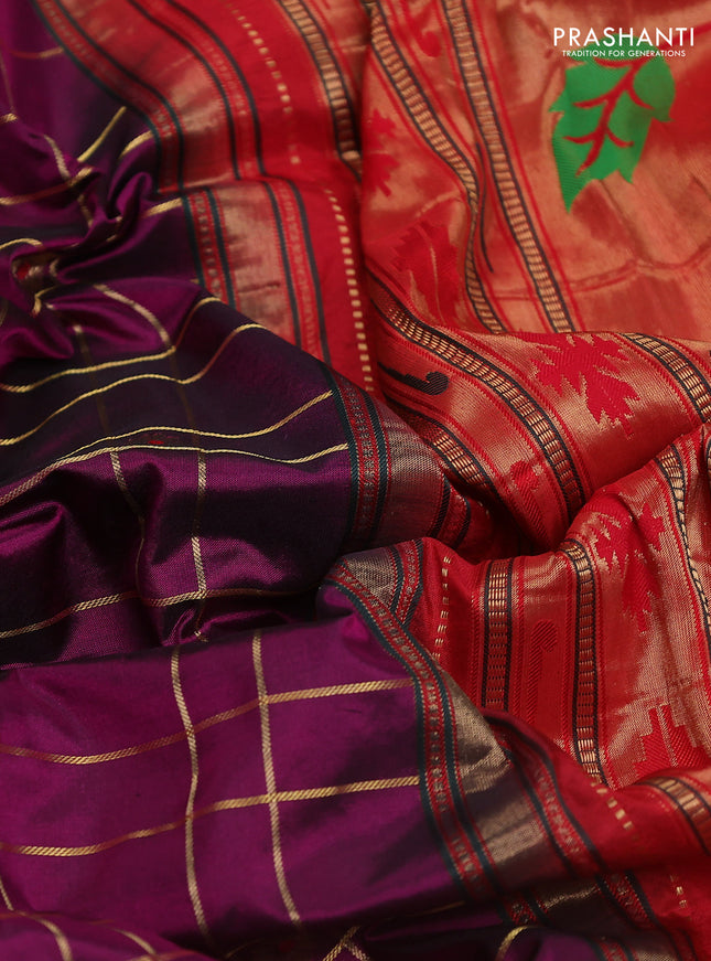 Pure paithani silk saree purple and red with allover zari checks & buttas and paithani weaving pallu