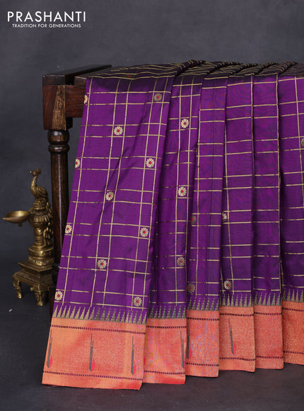 Pure paithani silk saree violet and red with allover zari checks & buttas and paithani weaving pallu