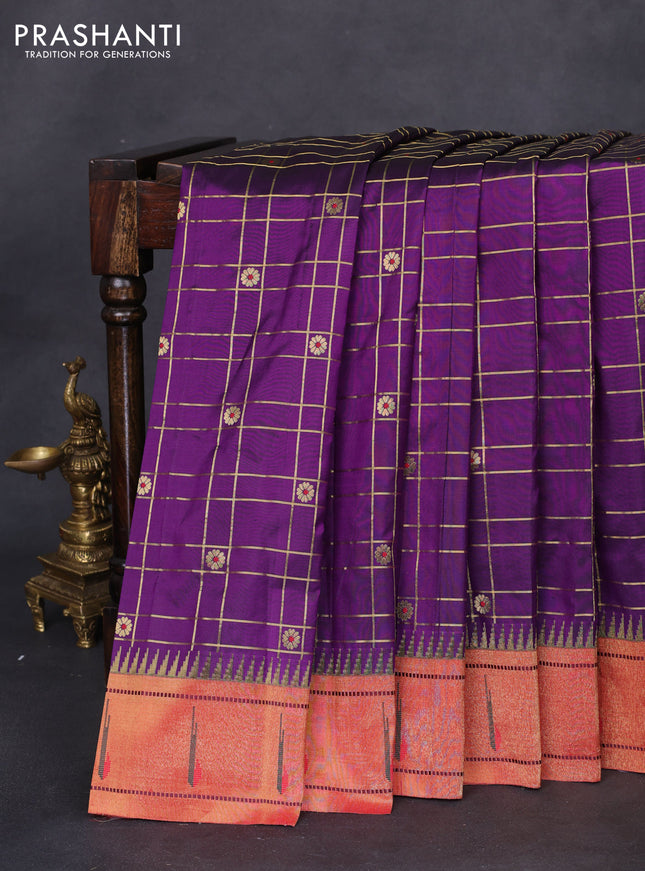 Pure paithani silk saree violet and red with allover zari checks & buttas and paithani weaving pallu