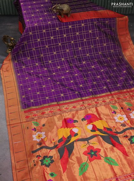 Pure paithani silk saree violet and red with allover zari checks & buttas and paithani weaving pallu