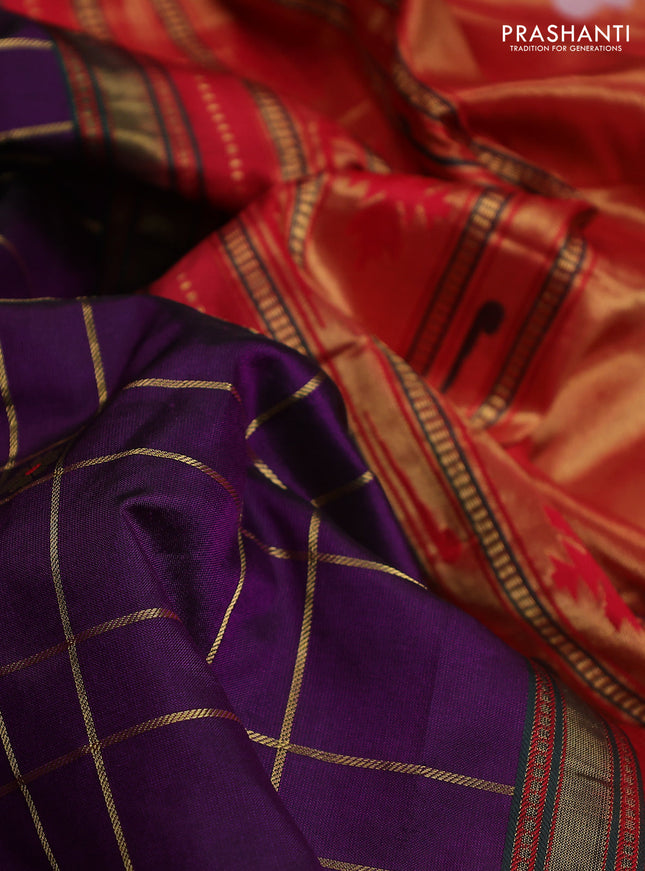Pure paithani silk saree violet and red with allover zari checks & buttas and paithani weaving pallu
