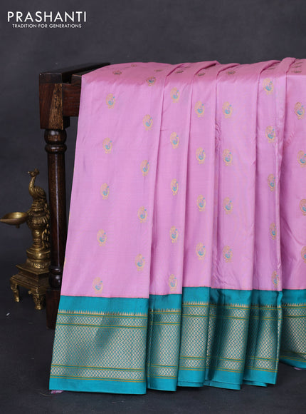 Pure paithani silk saree lotus pink and teal blue with allover zari woven annam buttas and paithani weaving pallu
