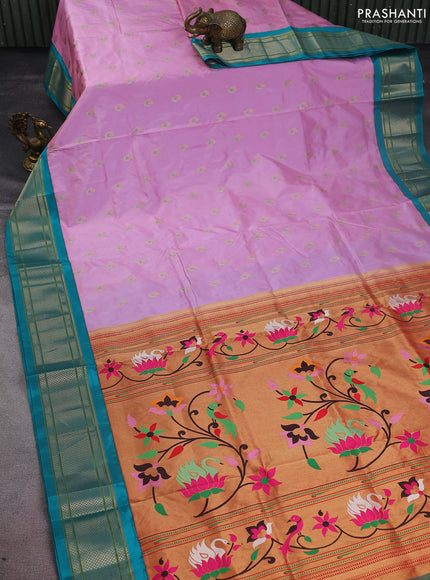 Pure paithani silk saree lotus pink and teal blue with allover zari woven annam buttas and paithani weaving pallu