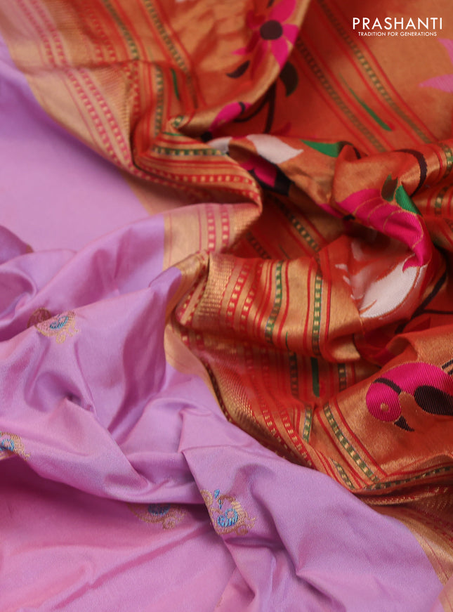 Pure paithani silk saree lotus pink and teal blue with allover zari woven annam buttas and paithani weaving pallu
