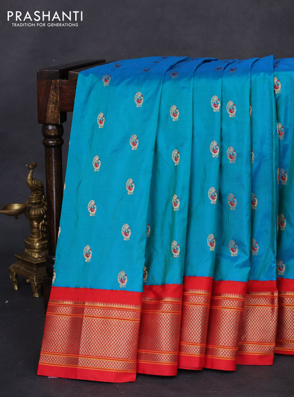 Pure paithani silk saree dual shade of teal blue and red with allover zari woven annam buttas and paithani weaving pallu