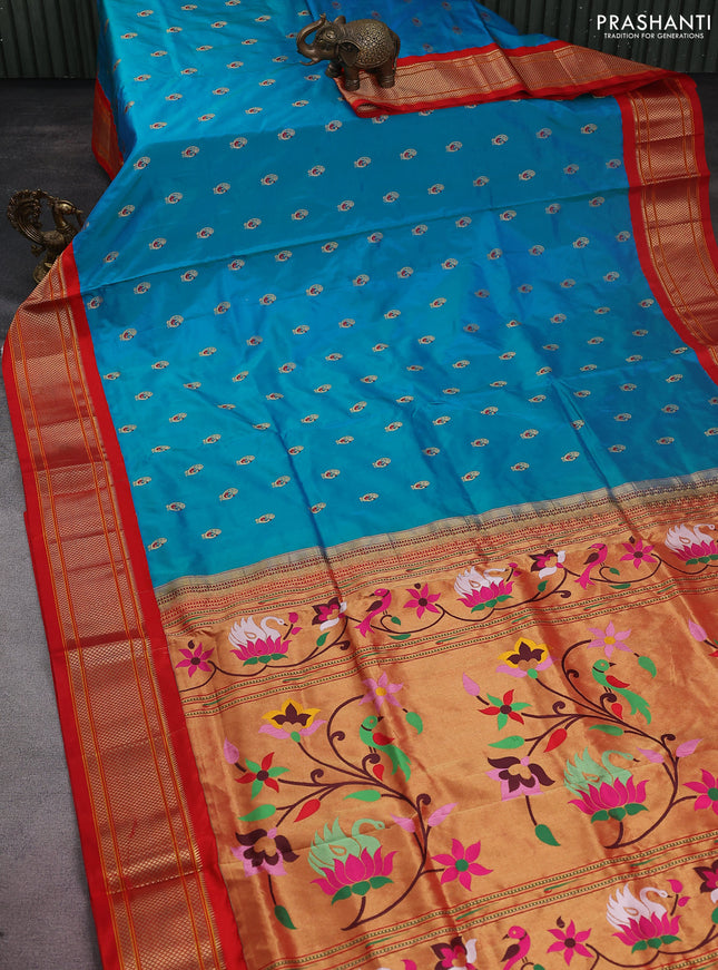 Pure paithani silk saree dual shade of teal blue and red with allover zari woven annam buttas and paithani weaving pallu