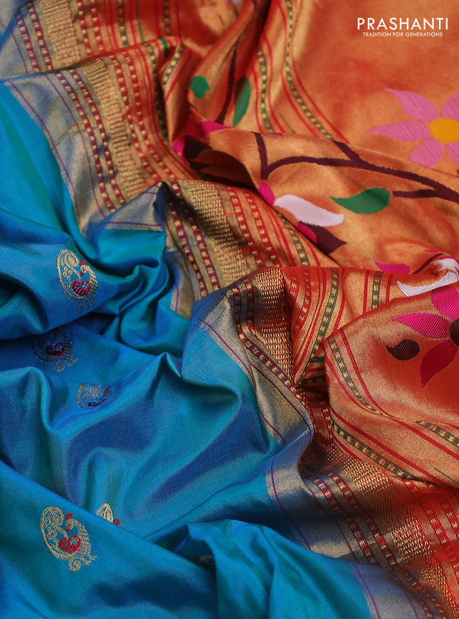 Pure paithani silk saree dual shade of teal blue and red with allover zari woven annam buttas and paithani weaving pallu