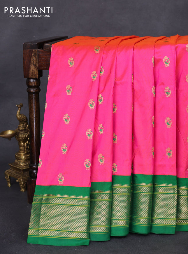 Pure paithani silk saree dual shade of pink and green with allover zari woven annam buttas and paithani weaving pallu