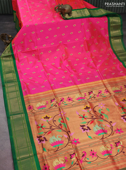 Pure paithani silk saree dual shade of pink and green with allover zari woven annam buttas and paithani weaving pallu