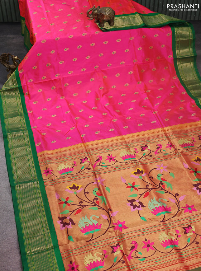 Pure paithani silk saree dual shade of pink and green with allover zari woven annam buttas and paithani weaving pallu