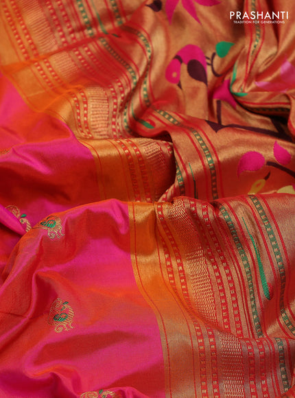 Pure paithani silk saree dual shade of pink and green with allover zari woven annam buttas and paithani weaving pallu
