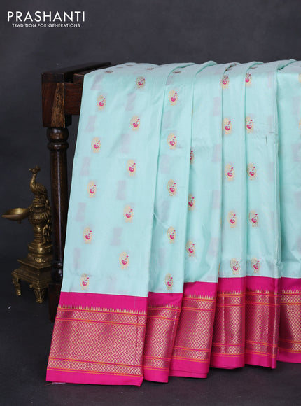 Pure paithani silk saree light blue and pink with allover zari woven annam buttas and paithani weaving pallu