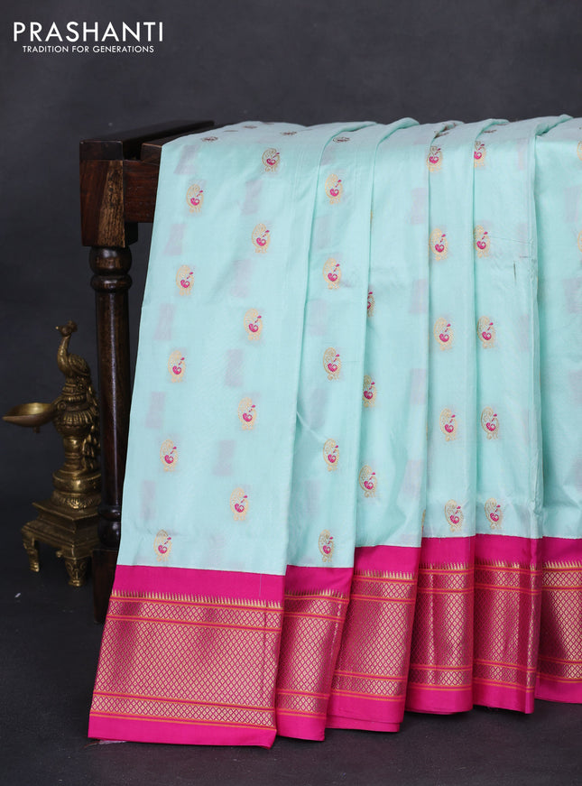 Pure paithani silk saree light blue and pink with allover zari woven annam buttas and paithani weaving pallu
