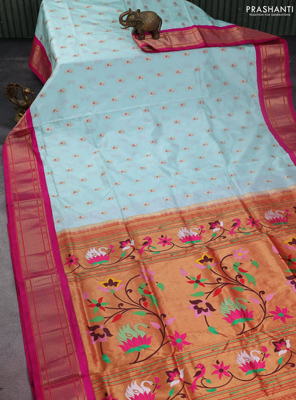 Pure paithani silk saree light blue and pink with allover zari woven annam buttas and paithani weaving pallu