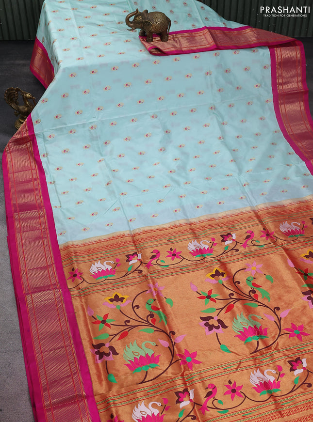 Pure paithani silk saree light blue and pink with allover zari woven annam buttas and paithani weaving pallu