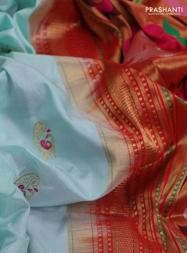 Pure paithani silk saree light blue and pink with allover zari woven annam buttas and paithani weaving pallu