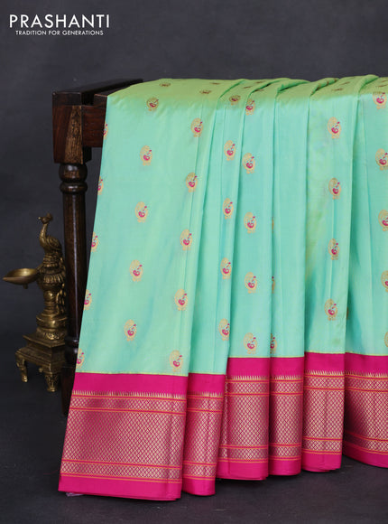 Pure paithani silk saree teal green shade and pink with allover zari woven annam buttas and paithani weaving pallu