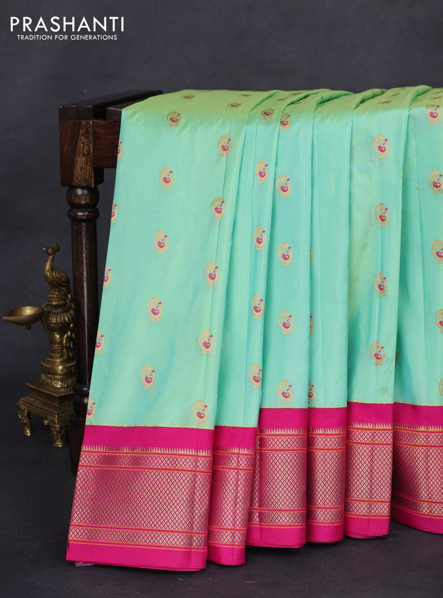 Pure paithani silk saree teal green shade and pink with allover zari woven annam buttas and paithani weaving pallu