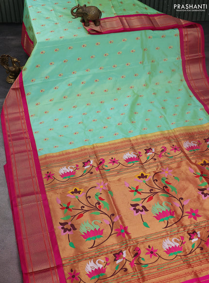 Pure paithani silk saree teal green shade and pink with allover zari woven annam buttas and paithani weaving pallu