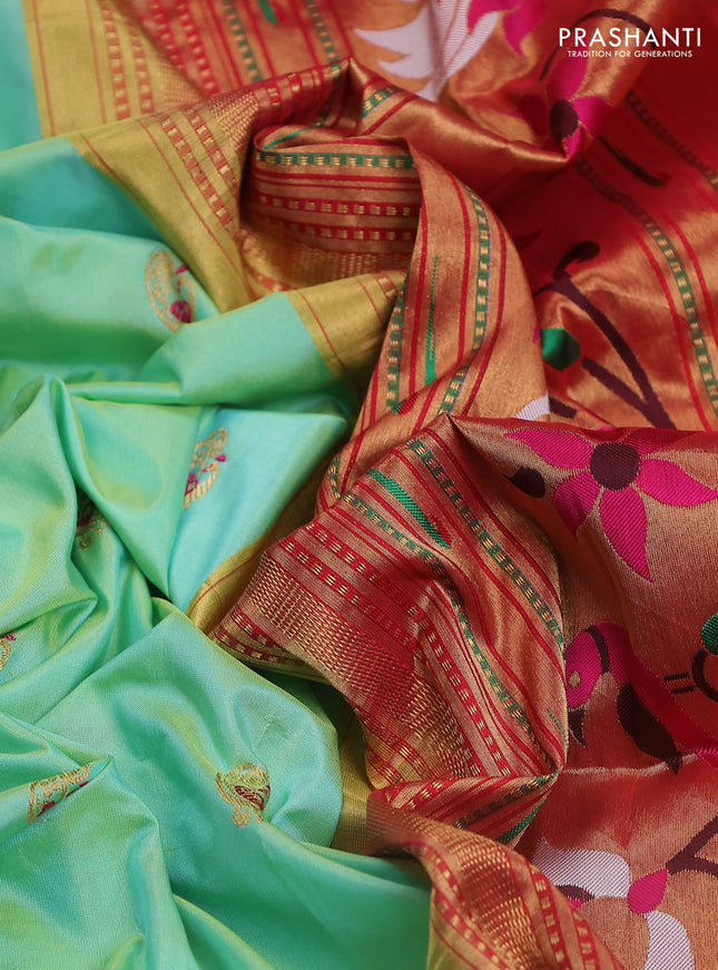 Pure paithani silk saree teal green shade and pink with allover zari woven annam buttas and paithani weaving pallu