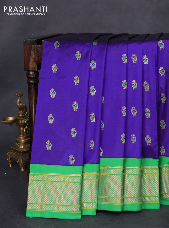 Pure paithani silk saree blue and green with allover zari woven annam buttas and paithani weaving pallu