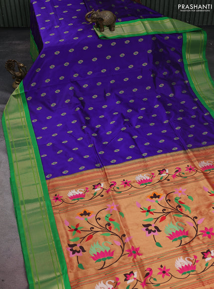 Pure paithani silk saree blue and green with allover zari woven annam buttas and paithani weaving pallu