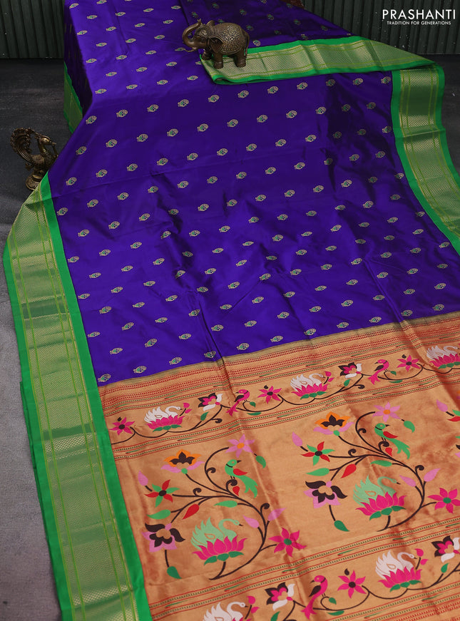 Pure paithani silk saree blue and green with allover zari woven annam buttas and paithani weaving pallu